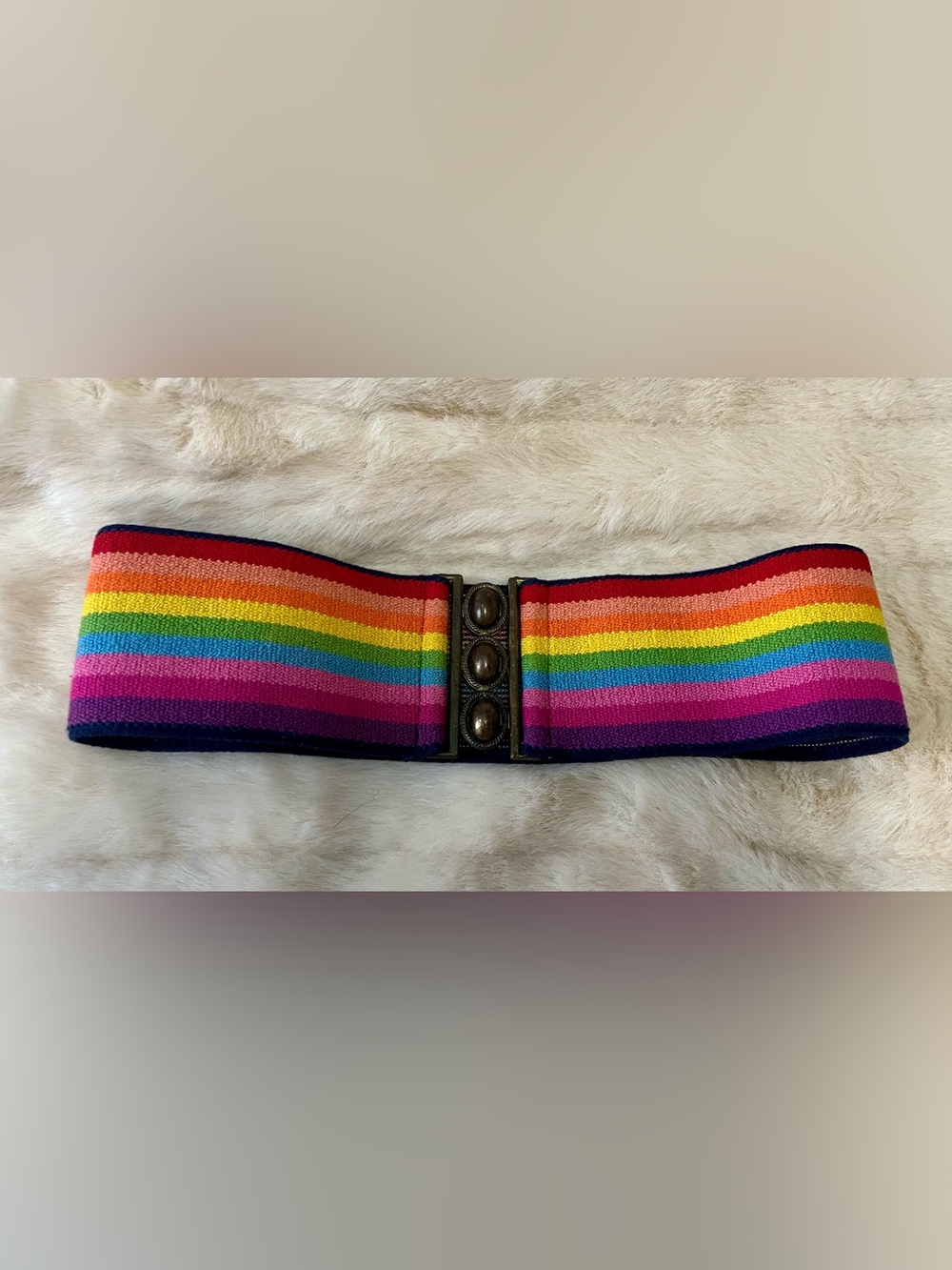 Vintage Rainbow Striped Stretch Waist Belt Wide Elastic Boho Statement Buckle